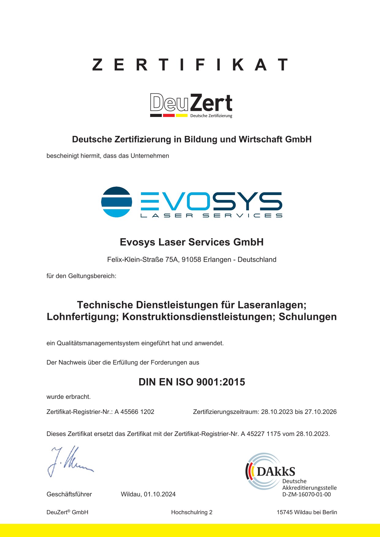 ISO 9001:2015 Zertifikat – Evosys Laser Services